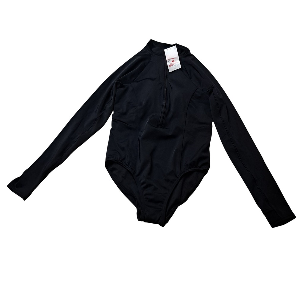 NWT Lands End Rash Guard Swimsuit Womens 4P Black Quarter Zip One Piece Modest